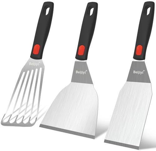 Beijiyi Stainless Steel Spatula Set, Heavy Duty Small Metal Spatula for Cooking Cast Iron Skillet with Silicone Handle - Griddle Grill Kitchen Spatula Flipper for Pancake, Fish, Smash Burger and Egg