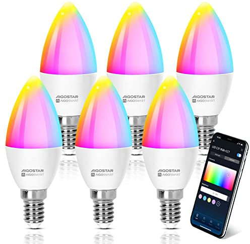Aigostar Bombilla Inteligente E14 Bombilla Alexa LED 6.5W Bombillas Wifi RGB & 2700K-6500K Regulable, Sincronización con la música, Conexión rápida, compatible con Alexa y Google Home, 6 Unidades