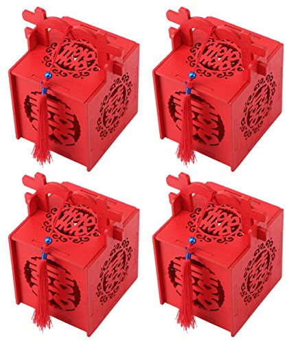 HAPINARY 4pièces Boîte à Bonbons Bois Chinois Design Dentelle Et Perles Bleues Boîte De Mariage Creuse Contenant Portable Pour Événement Moyenne