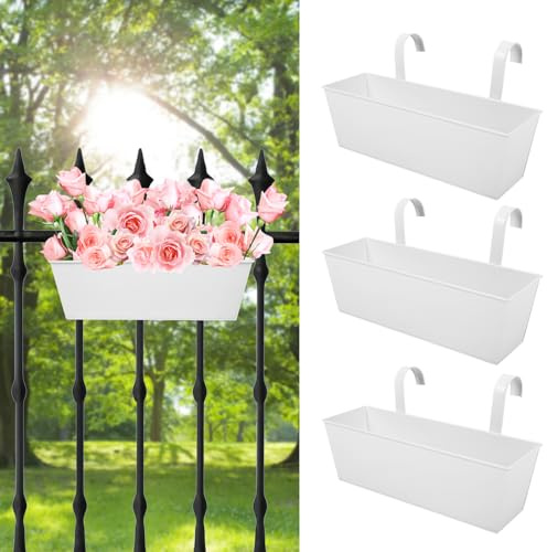Holensun Geländer-Pflanzgefäße für den Außenbereich, Balkon, 40,6 cm, Deck über dem Geländer, Pflanzkästen zum Aufhängen, Pflanzgefäße für Zaun, Blumen, 3 Stück (weiß)