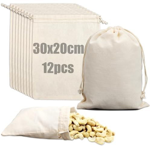 Ziamzra Pochon Tissu 30 x 20cm - 12 Pièces Pochon Coton Sacs en Lin Sachet Coton avec Cordon de Serrage Sachet Tissu Reutilisable Pochon Cadeau pour DIY Bijoux Cafe Cadeau Mariage Noël Halloween