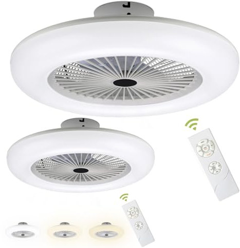 Fiqops 2 x Ventilatore da Soffitto con illuminazione e telecomando 80 W, velocità del vento regolabile, 3 temperature di colore, 3000 K-6500 K, timer per soggiorno, camera da letto, bianco