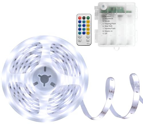 DBFAIRY Bande LED à piles, 5 m, 150 LED, avec batterie, étanche, avec télécommande, minuteur, pour décoration de la chambre à coucher, de la maison, blanc