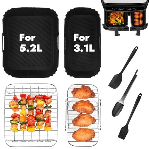 YQL 7PCS Air Fryer Accessories for Tefal Easy Fry Dual 5.2L/3.1L, Tower T17099 5.2L/3.3L, Lakeland 5L/3L, Salter EK5729 5.5L/3.5L, Reusable Air Fryer Dual Accessories for Large & Small 2 Basket