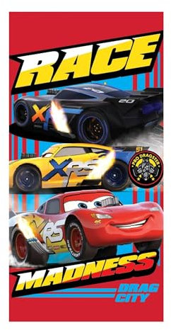 damaloo Kinderhandtuch 70x137cm aus Polyester passend für Cars Fans - XXL Handtuch für Jungen, Mädchen & Erwachsene - Schnelltrocknendes Duschtuch mit Motiv – Großes Strandtuch in rot 70x137 cm