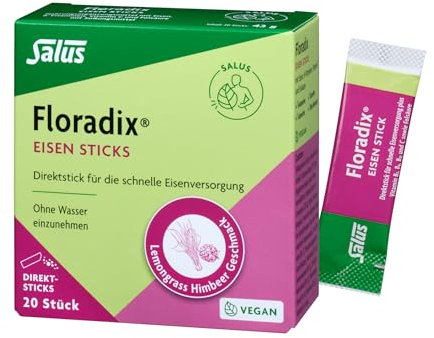 Floradix Sticks – Direktsticks für die schnelle Eisenversorgung – 1x 20 Satchets (43 g) – mit Eisen, B-Vitaminen, Vitamin C und Folsäure – Lemongrass Himbeer Geschmack - vegan