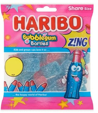 HARIBO Bubblegum Bottles Zing, Sweet & Sour Gums, 160g (Pack of 12)