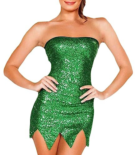 Qianderer Disfraz de hiedra verde de lujo para mujer, disfraz de Halloween con hojas falsas, disfraz de lentejuelas con guantes y diadema de hojas de hiedra (vestido verde, talla S)