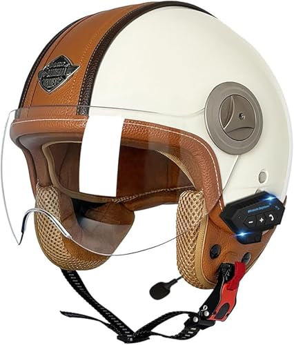 Casco moto Bluetooth Casco aperto retrò con occhiali Casco jet 3/4 moto Casco mezzo omologato ECE per uomo e donna Scooter ciclomotore per adulti F,M/(57~58cm)