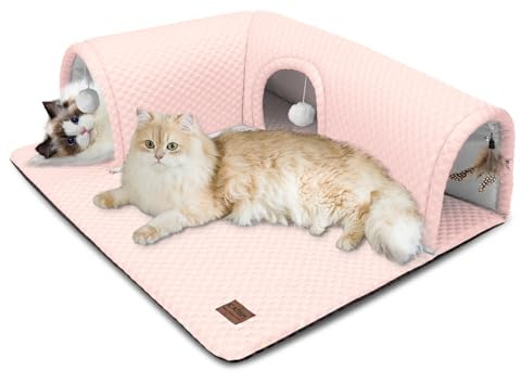 CATISM Katzenbett mit Tunnel - Katzentunnel für Indoor-Katzen, 3-Wege-Anschlüsse, 3 Spielzeuge, Abnehmbarer Teppich, weicher Tunnel, große Höhle, Rutschfester Boden, Teppich, Rohrbett für Kätzchen