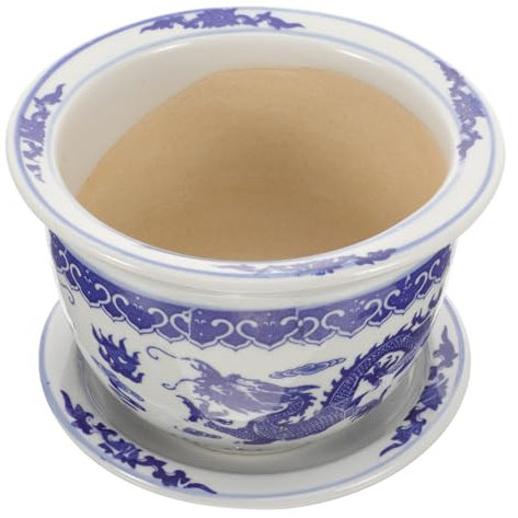 YARNOW Large Porcelain Flower Pot Decorative Plant Pot with Tray Chinese Dragon Style Ceramic Flowerpot for Indoor Gardening