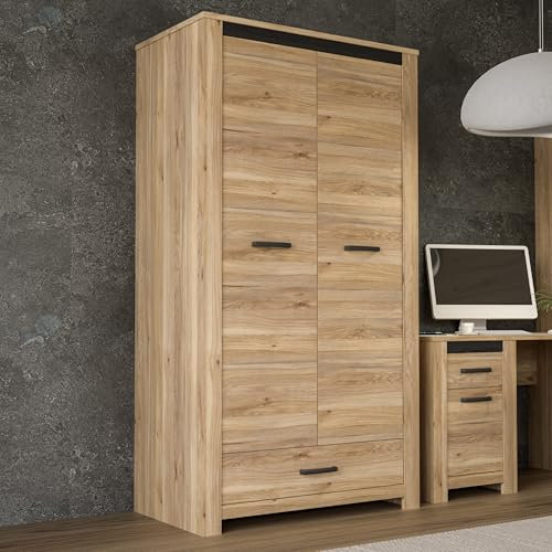 FORTE SAN CAYETANO Kleiderschrank 110, Schrank mit 2 Drehtüren und 1 Schublade, Holzwerkstoff, Mauvella Eiche Dekor, 106,6 cm breit x 197,9 cm hoch x 60,1 cm tief