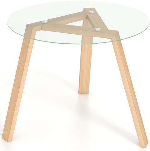 Moderna mesa de comedor redonda de cristal templado de 90 cm, con base de madera de goma, muebles de cocina u oficina, capacidad de peso de 90 kg, ideal para comedor y sala de estar