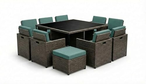12pc Replacement Cushion Set for 8-Seater Rattan Garden Furniture Dining Cube - Waterproof Comfortable Outdoor Cushions for Patio Garden, & Balcony Furniture Easy to Clean Stylish Design (Green)