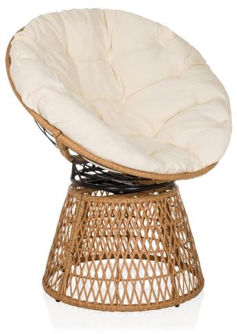 hjh LIVING Papasansessel mit Kissen – 360° drehbar, Outdoor Rattanmöbel WEAVORA für Garten, Balkon & Wohnzimmer, Beige