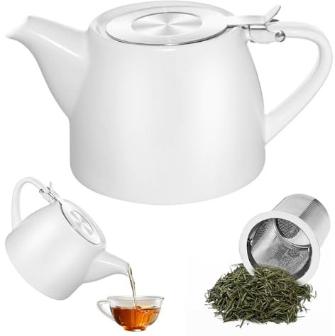 Ceramic Teapot, 500ml Porcelain Teapot, Teapot with Infuser, Ceramic Stump Teapot, Dishwasher Safe, Rounded Handle, for Loose Tea or Tea Bags, White