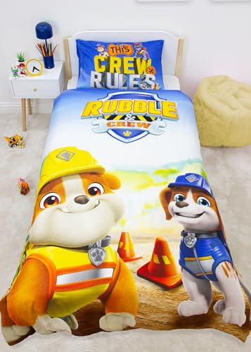 PAW PATROL Officially Licensed Rubble and Crew Design Single Duvet Cover Set | Reversible 2 Sided Dog Bedding Including Matching Pillow Case | Perfect For Kids Bedroom
