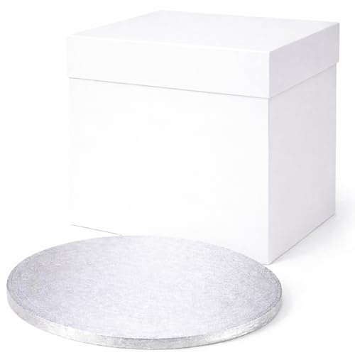 FALGUN Premium 10 Thick Round Silver Cake-Board & Tall White Cake-Box Combo, Premium 10 x 10 x 10 Inch Square Box and Matching Circle Set For Tiered or Transport - 10 Inch Tall