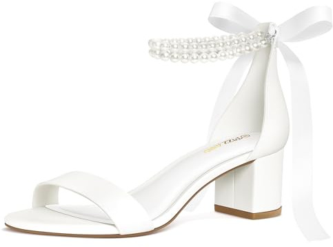 PIZZ ANNU Women's Low Block Chunky Heels Sandals Comfortable Open Toe Ankle Strap Pearl Bridal Dress Pump Shoes Bride Heeled Sandal, White Pearl 8 Wide