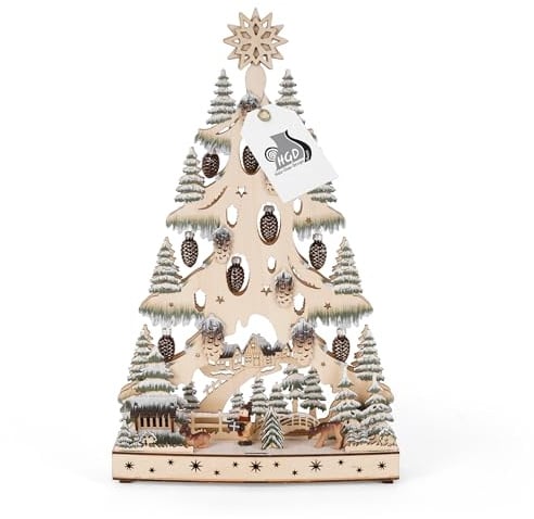 HGD LED-Lichterbaum mit Glas-Tannenzapfen- aus Holz | beleuchtete Weihnachtsdeko mit Timer- batteriebetrieben - Tannenbaum mit warmweißen LEDs - Adventsdeko - 27 x 7,5 x 44 cm