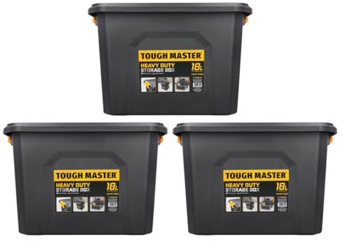TOUGH MASTER Storage Boxes with Lids 18L Strong Tool Box Stackable for Home, Office & Workshop (Pack of 3)