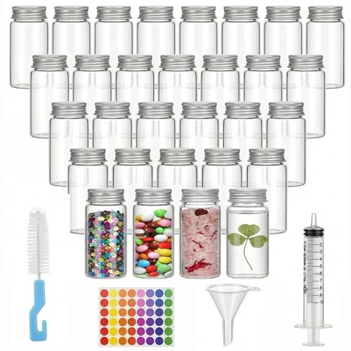 Ferenando 30Pcs 30ml Tubes à Essai en Verre avec Bouchon à Vis en Aluminium | Petit Flacon en Verre, Mini Tube a Essai à Large Ouverture avec 4 Accessoires pour Bricolage, Liquides, Sable, Perles