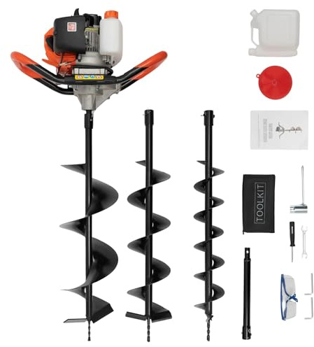 Tubisku Erdbohrer Benzin, 5,2 PS Erdlochbohrer Pfahlbohrer Motorbohrmaschine mit 3 Bohraufsätzen Ø100/150/200 mm Ölkontrollfenster für Garten, Zaunbau, Landwirtschaft, Forstwirtschaft