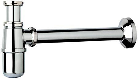 Sifone di scarico universale a bottiglia 1”1/4, base in ottone e tubo in acciaio cromato, per lavabo e bidet completo di guarnizioni