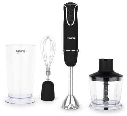 H.Koenig Mixeur Plongeant à main 3 en 1 MIX75 Inox 850W, Hand blender 3 Fonctions, Turbo 5 vitesses, Multifonctions hachoir batteur mixer fouet, mélangeur, moulinet, soupe, Ergonomique