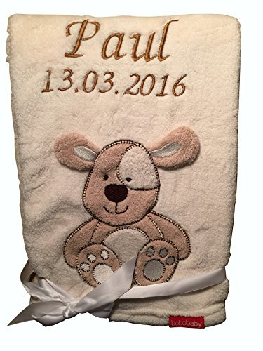 KIDDI-MEDIA Babydecke mit Name und Geburtsdatum Bestickt/kuschelig weich / 1A Qualität (Beige - Hund)
