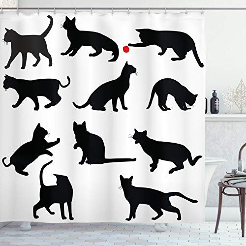 ABAKUHAUS Katze Duschvorhang, Red Ball-Tier-Haustier-Kätzchen, Stoffliches Gewebe Badezimmerdekorationsset mit Haken, 175 x 200 cm, Vermilion Schwarz