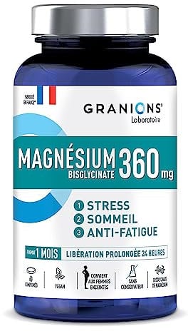 MAGNESIUM BISGLYCINATE 360 MG - GRANIONS - Magnesium Fort Dosage + Vitamine B6 - Anti Stress Adulte - Magnesium Bisglycinate 360 MG - Stress Fatigue - Magnesium 60 Comprimés - Fabriqué en France