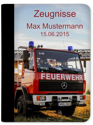 CreaDesign, Kinder Zeugnismappe mit Namen personalisiert, Zeugnis Mappe Feuerwehr Drehleiter mit 10 Klarsichthüllen, A4, 26,7 x 32,7 x 1 cm, Rücken schwarz