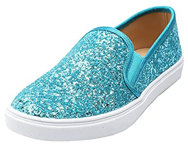 Feversole Women's Fashion Slip-On Trainer Casual Flat Loafers,Skater Pumps Trainers Sneakers Shoes Turq Glitter Size 6.5