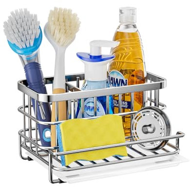 HapiRm Kitchen Sink Organiser Silver - 4 in 1 Sink Tidy with Removable Drip Tray, Stainless Steel Kitchen Sink Caddy for Dish Brush, for Countertop Storage & Organisation