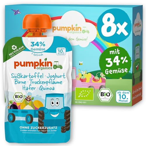 Bio Gemüse-Getreide-Quetschies 8er Pack Süßkartoffel, Joghurt, Birne, Trockenpflaume, Hafer, Quinoa ohne Zuckerzusatz¹ - ab dem 10. Monat - als Snack oder Beikost für unterwegs (8x100g)
