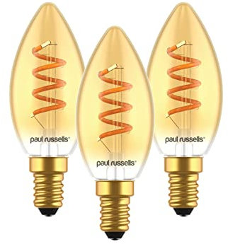 paul russells Spiral Filament LED Candle Small Edison Screw E14 2.5W Vintage Light - Replace 15W Extra Warm White 1800K SES C35 Amber Retro Style Decorative Non-Dimmable Bulbs No Flicker - 3 Pack