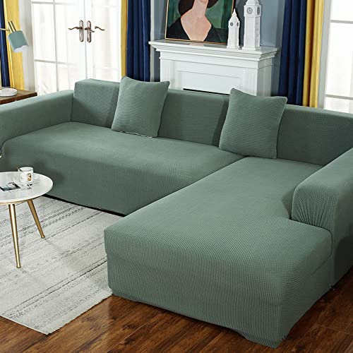 NICCEN 2 Stück Spandex rutschfest Sofabezug L Form Superstretch Couch überzug l Form Weichheit Sofa überzug l Form Ideal für Kinder und Haustiere -grün-1-3-Sitzer + 3-Sitzer