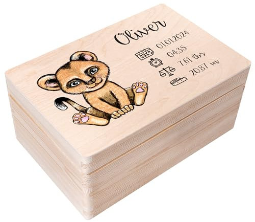 Creative Deco Erinnerungsbox Baby Personalisiert mit Namen - Löwen | 30 x 20 x 14 cm | Individuelle Erinnerungskiste Geschenk zur Geburt für Mädchen und Jungen | Holzkiste mit Deckel | Farbdruck