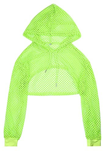 Rave Outfit Damen Langarm Netzoberteil Bauchfreies Mesh Netz Oberteil Frauen Crop Top Teenager Mädchen Sweatshirt mit Kapuze Techno Neon Party Streetwear Hip Hop Kleidung Clubwear Fluoreszenz Grün S