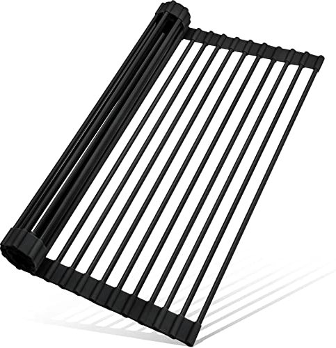 MERRYBOX 20.5 x 13 Roll Up Dish Drying Rack - Silicone Wrapped, Heat-Resistant & Anti-Rust, Foldable Sink Drying Mat, Multipurpose, Large, Black