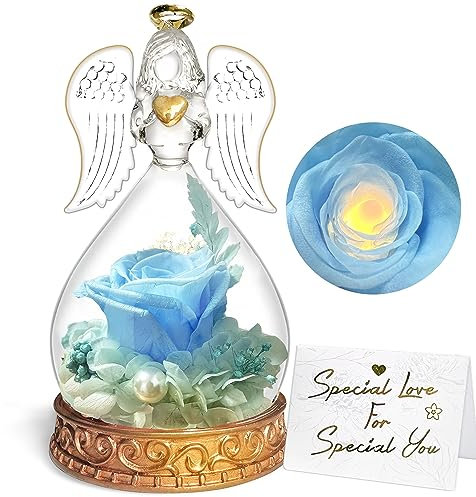 Ewige Rose Geschenke, Ewige Rose in Engel Glaskuppel, Konservierte Blumen Handgemachte Ewige Rose für Frauen Freundin Mutter zu Valentinstag Weihnachten Geburtstag (Blau), 1 stück