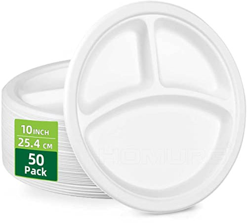 HOMURG assiette carton jetable ronde 25 cm, assiettes jetables anniversaire blanc portion régime, assiette 3 compartiments rigide, assiettes divisée blanche en papier restauration 50 pièces
