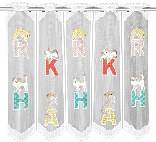 KAMACA Bistrogardine Scheibengardine Kindergardine in der Breite kürzbar Kurzstore transparent Kinderzimmer Kind Junge Mädchen (HxB 50x145 cm Buchstaben und Tiere)