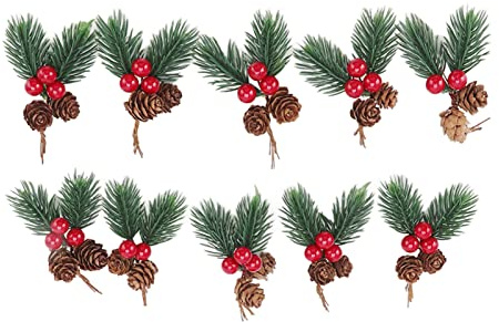 Topyond 10 Stück Künstliche Tannenzweige mit Beeren,Weihnachten Tannenzapfen Zweige Dekorationen, Rote Beeren Tannenzapfen Zweige,für Weihnachten,Basteln,Stechpalmen Stiel für Dekoration DIY