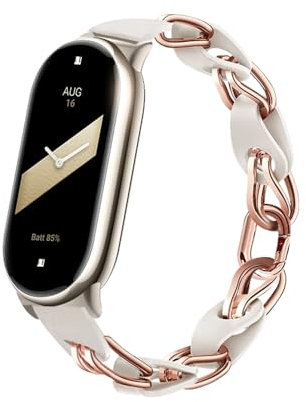 PINHEN Armband Kompatibel mit Xiaomi Mi Band 10/9/8,Atmungsaktiv Elegantes Ersatzband durchbrochenes Design Mi band 10/9/8 Edelstahlring Lederkette Gürtel für Damen