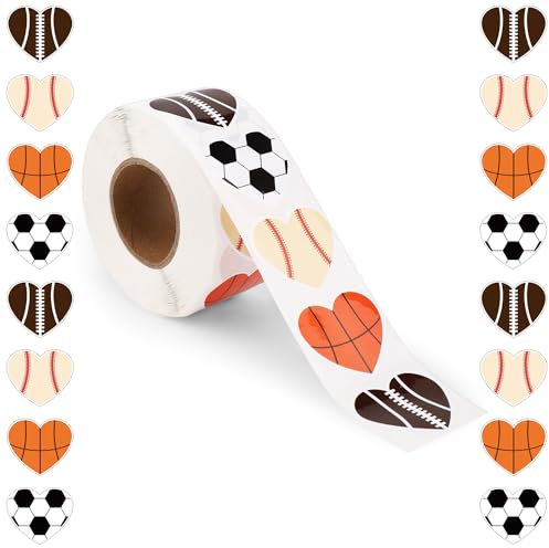 800pcs Sports Roll Stickers for Kids, Valentine's Day Heart Shaped Baseball Football Soccer Basketball Stickers Label Small Ball Decals Party Decoration for School Activities (Pattern Style)