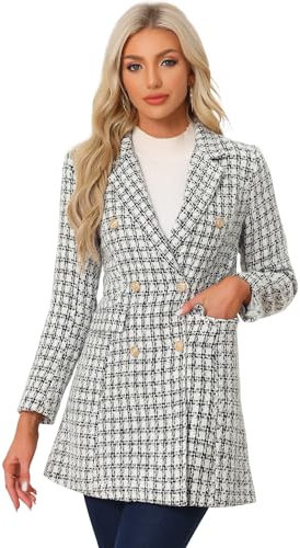 Allegra K Manteau en Tweed Femme Caban à Carreaux Vintage Blazer Long à Revers Cranté Élégant Trench Coat d'Hiver Manteau à Double Boutonnage de Bureau Blanc M