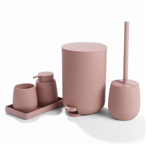 AJEUNGAIN Badset Badezimmer Set Rosa, Modern Badausstattung Sets Organizer, Bad Set Mülleimer Klobürste Seifenspender und Zahnputzbecher Tablett (Rosa-5 Teiliges)