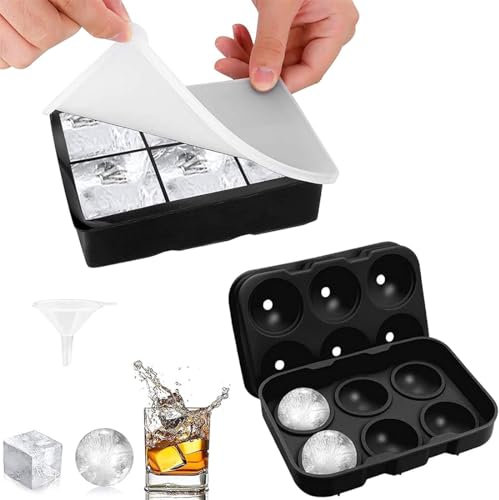 Aililong Cubitera de silicona – Juego de 2 bolas de hielo redondas grandes y cubitos de hielo cuadrados, sin BPA, reutilizables, con tapa para cócteles, whisky, frutas, helados, etc.